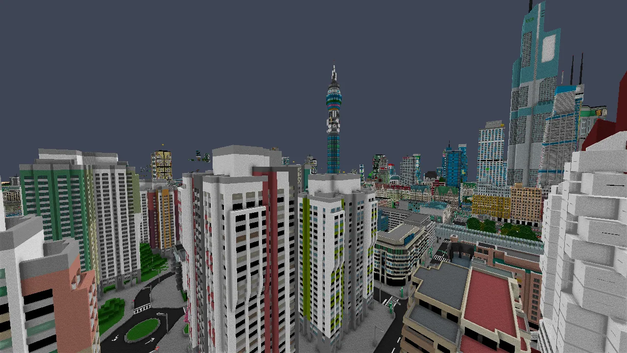 Brickadia City seen from among its towers in the first-person flycam