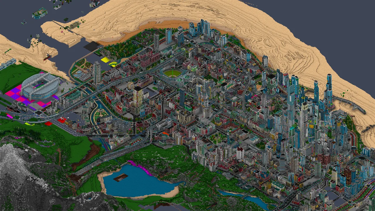 A Brickadia city rendered in dlorp